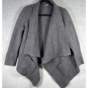 Ralph Lauren Cardigan Women’s Large Grey Wool Blend Herringbone‎ Waterfall